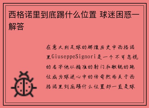 西格诺里到底踢什么位置 球迷困惑一解答 西格诺里到底踢什么位置 球迷困惑一解答