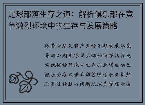 足球部落生存之道：解析俱乐部在竞争激烈环境中的生存与发展策略