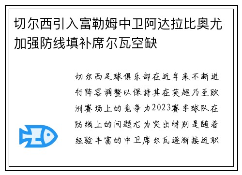 切尔西引入富勒姆中卫阿达拉比奥尤加强防线填补席尔瓦空缺 切尔西引入富勒姆中卫阿达拉比奥尤加强防线填补席尔瓦空缺